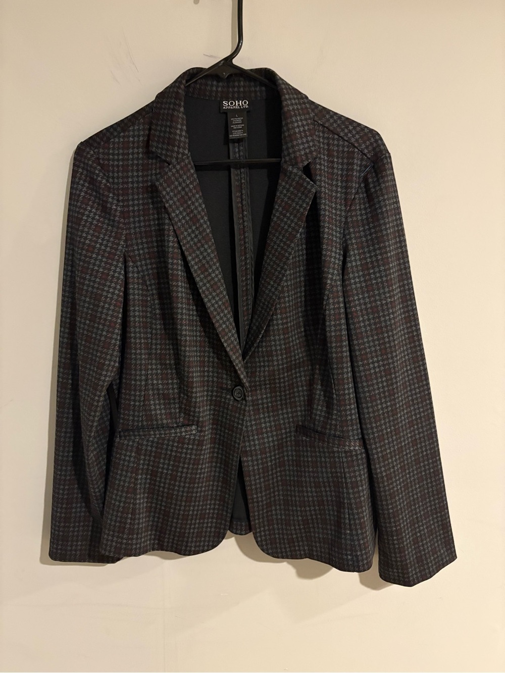 SOHO Apparel Plaid Blazer Women’s L Gray Burgundy Houndstooth Stretch Jacket